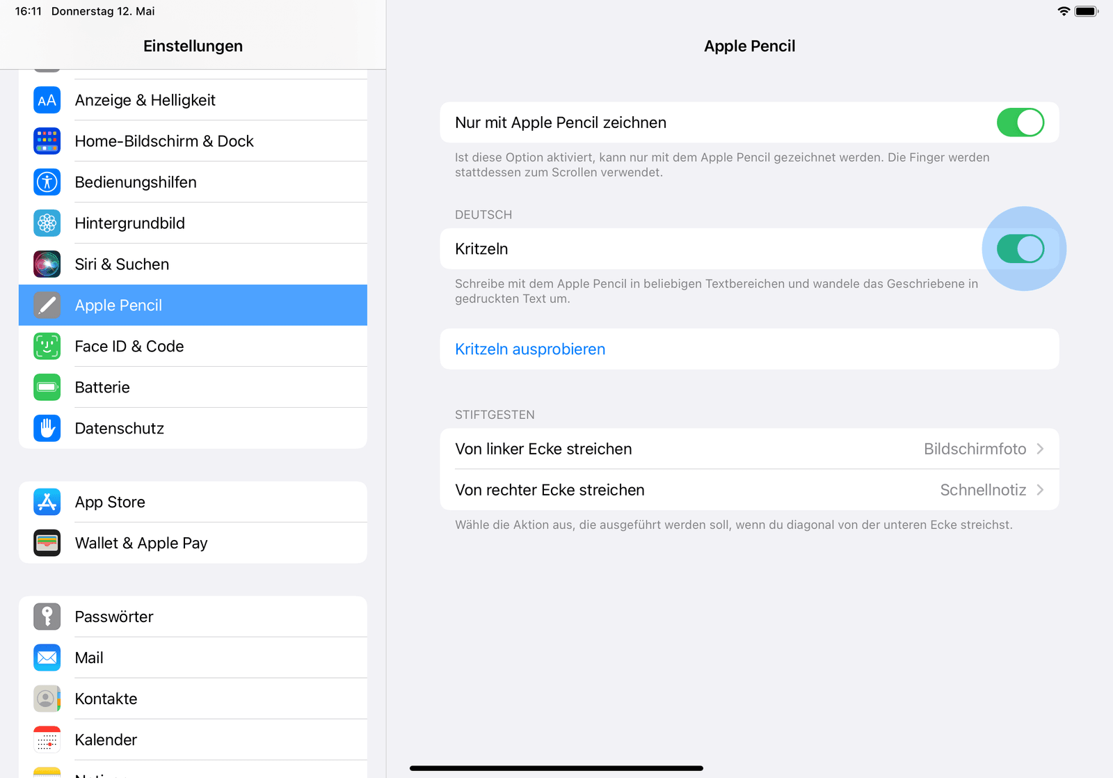 Apple Pencil Handschrifterkennung aktivieren