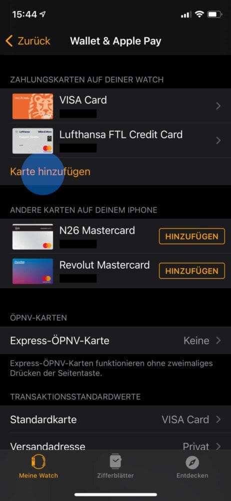 Apple Watch Pay: Karte hinzufügen