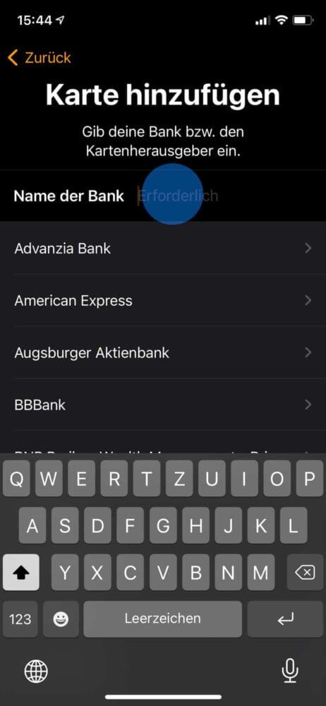 Bank aus der Liste auswählen