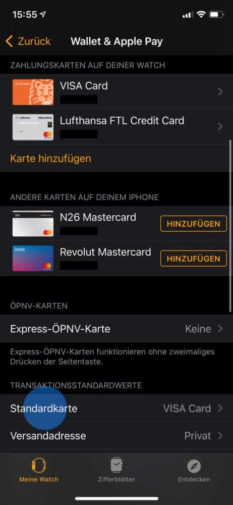 Apple Watch Pay Standardkarte ändern
