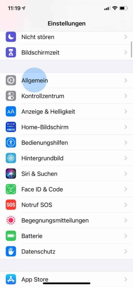 Allgemein in den Einstellungen auswählen