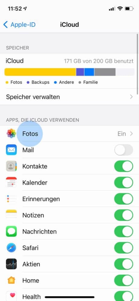 Wähle Fotos unter iCloud aus