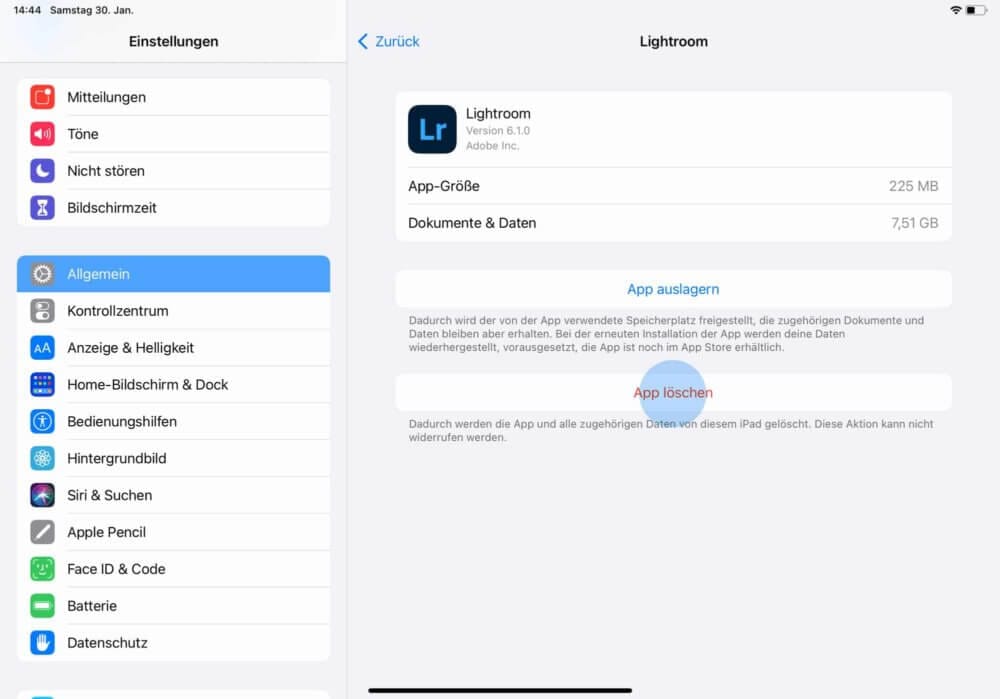 Apps vom iPad entfernen über die Einstellungen