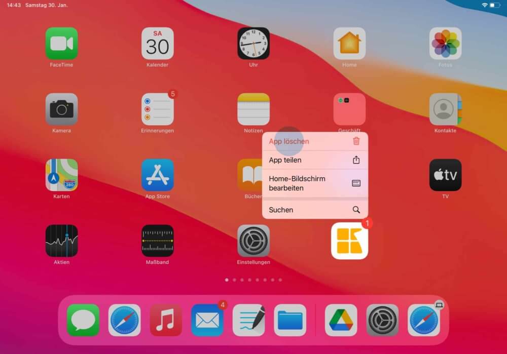 iPad App löschen per Home Bildschirm