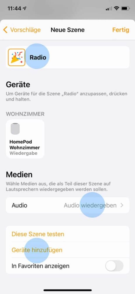 Einstellung für Szene machen, um am HomePod Radio abspielen zu können