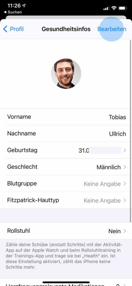 Bearbeitenmodus auswählen um Apple Watch EKG Daten anzupassen