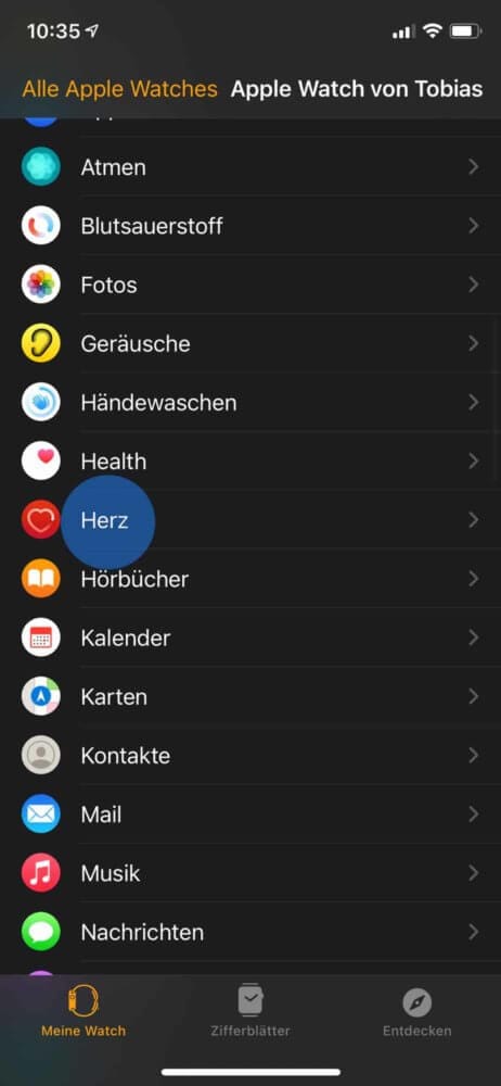 In Apple Watch Einstellungen Herz auswählen