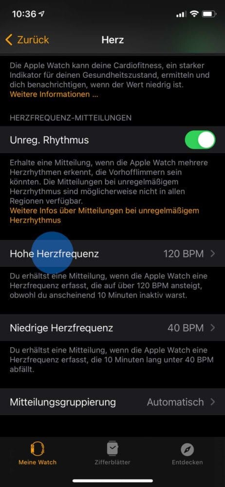 Apple Watch Puls messen Mitteilungen einstellen