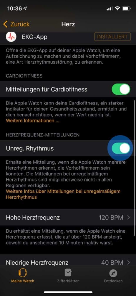 Mitteilungen bei unregelmäßigem Apple Watch Puls aktivieren