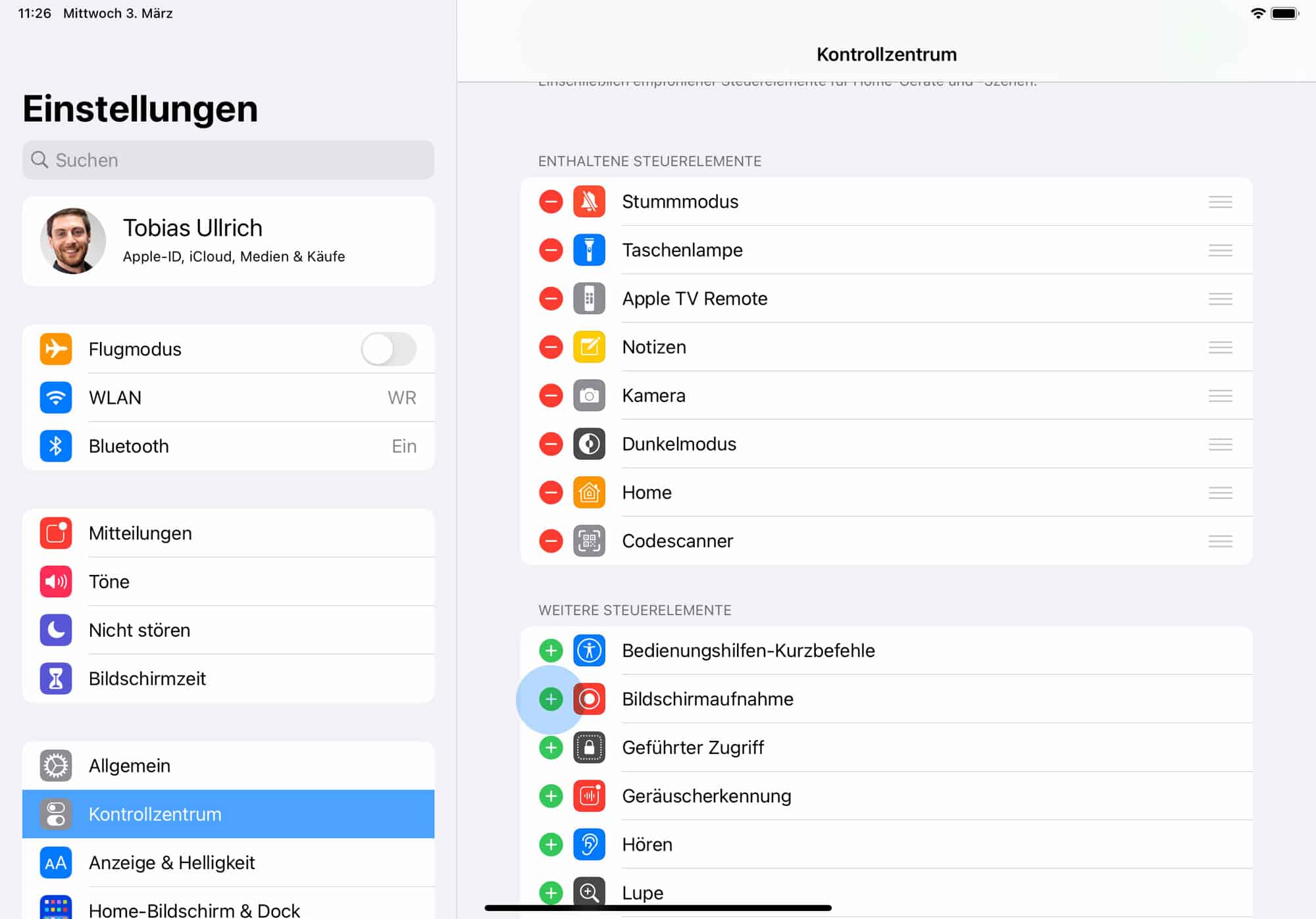 iPad Bildschirmaufnahme Symbol aktivieren