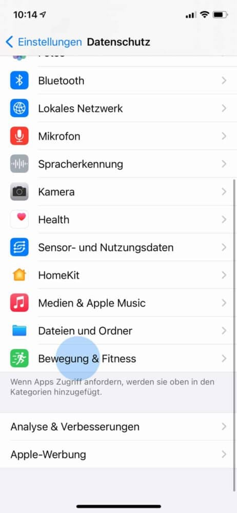 Einstellungen Bewegung und Fitness öffnen