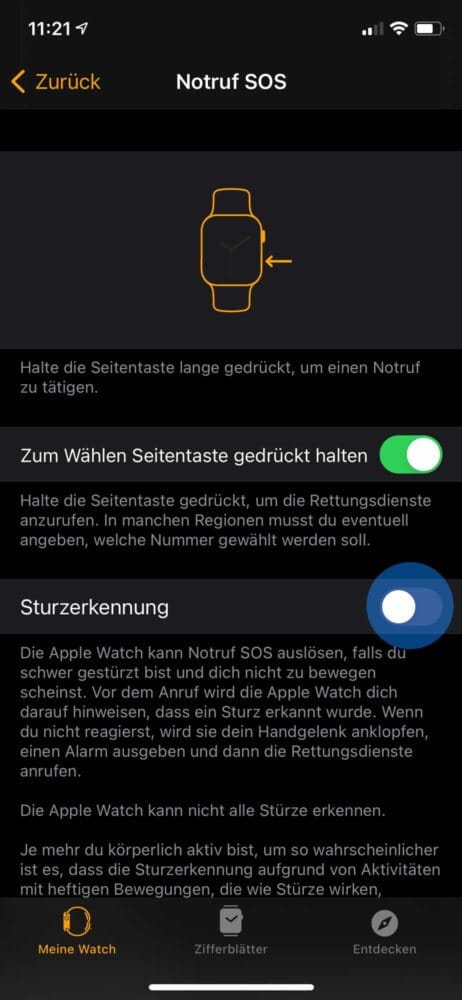 Apple Watch Sturzerkennung aktivieren