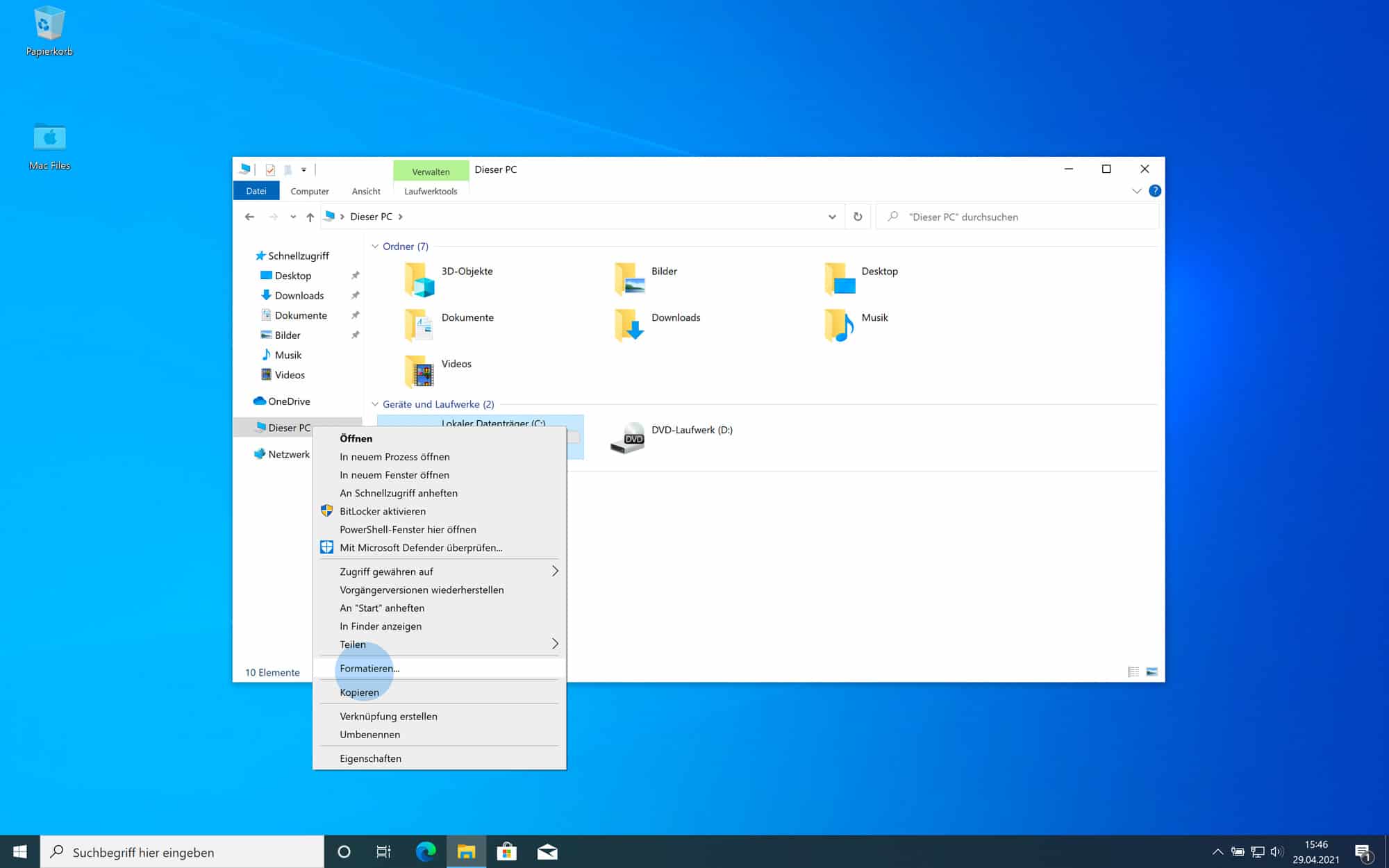 Festplatte formatieren Windows 10