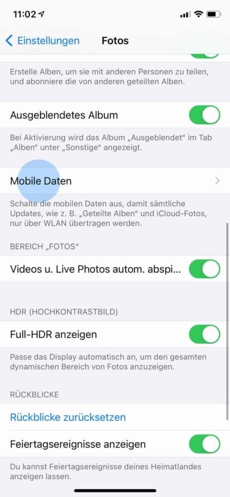Mobile Daten nutzen für die Foto-Übertragung abstellen