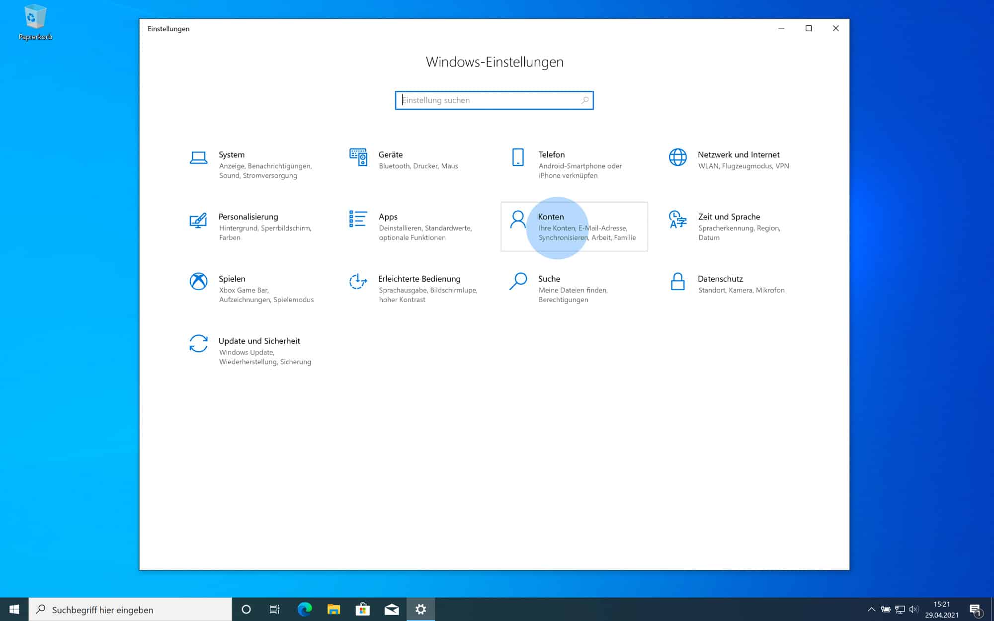Datenschutz-Einstellung öffnen, um Passwort ändern Windows 10