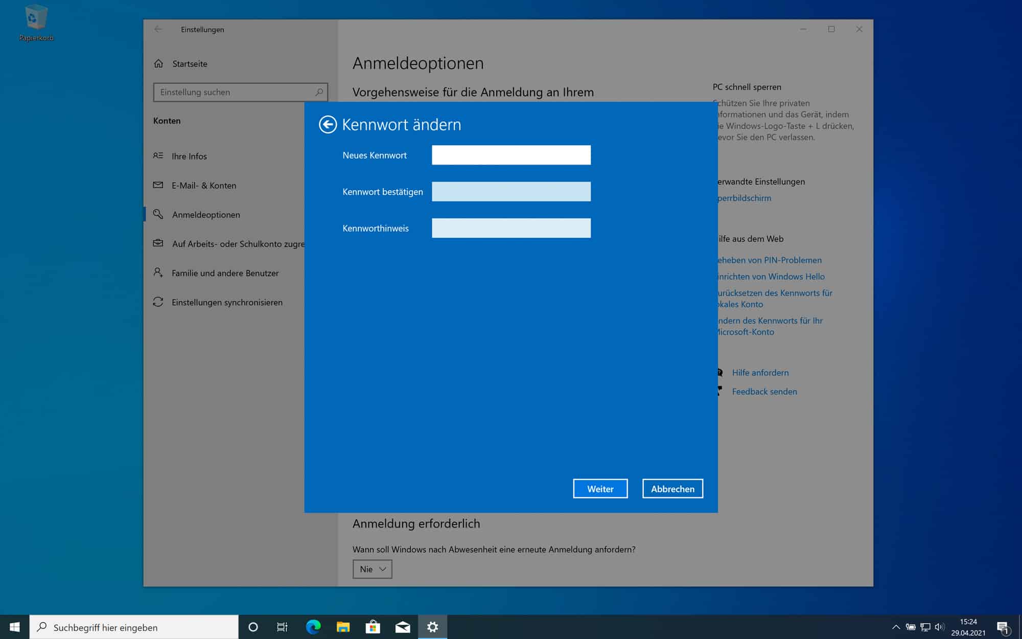 Windows 10 Kennwort bestätigen