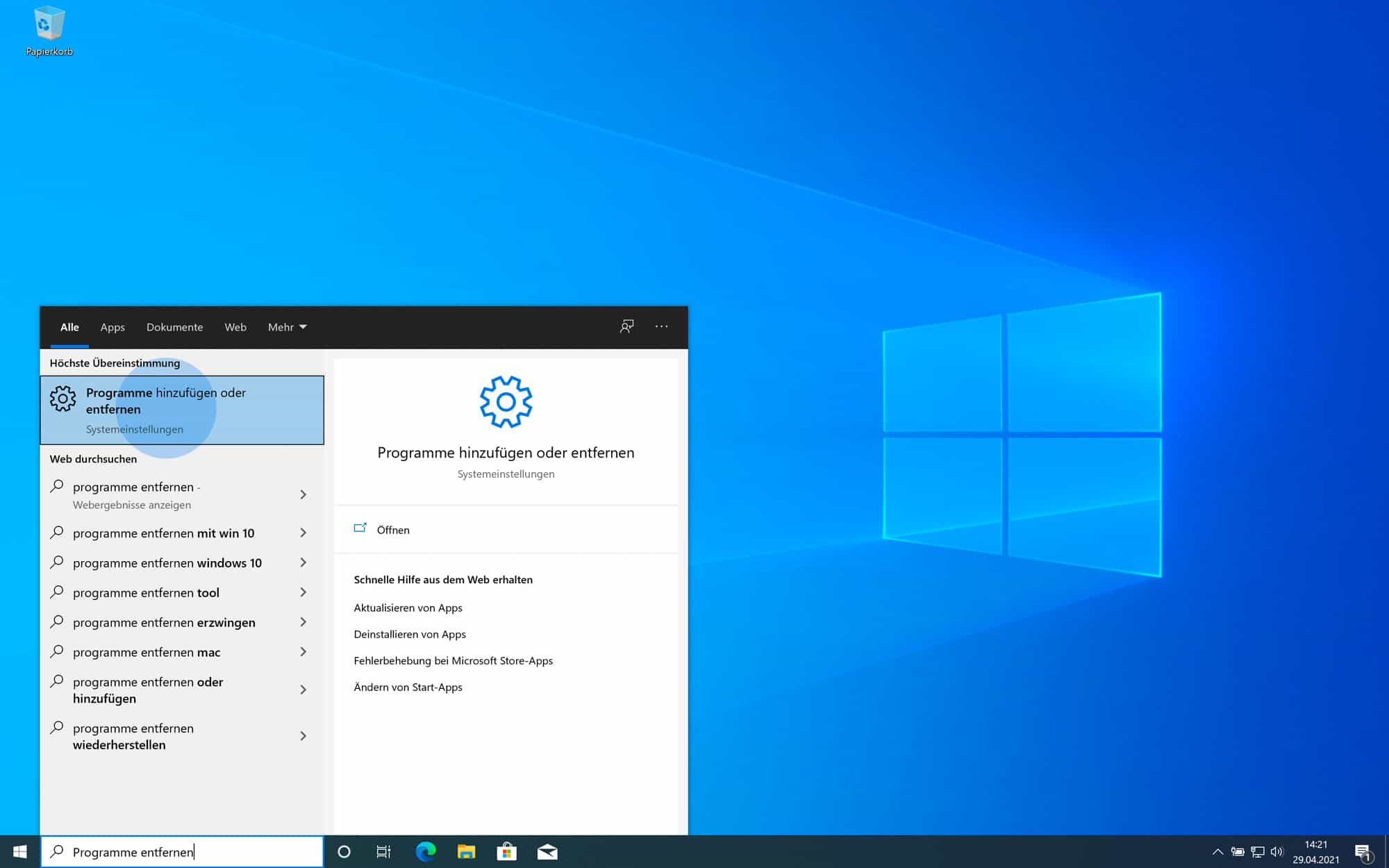 Programme Übersicht in Windows 10 öffnen