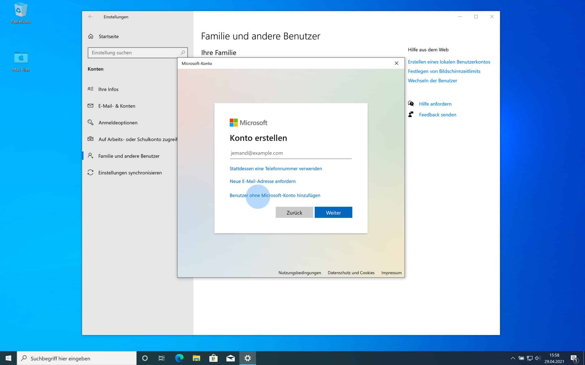 Lokalen Benutzer unter Windows 10 anlegen