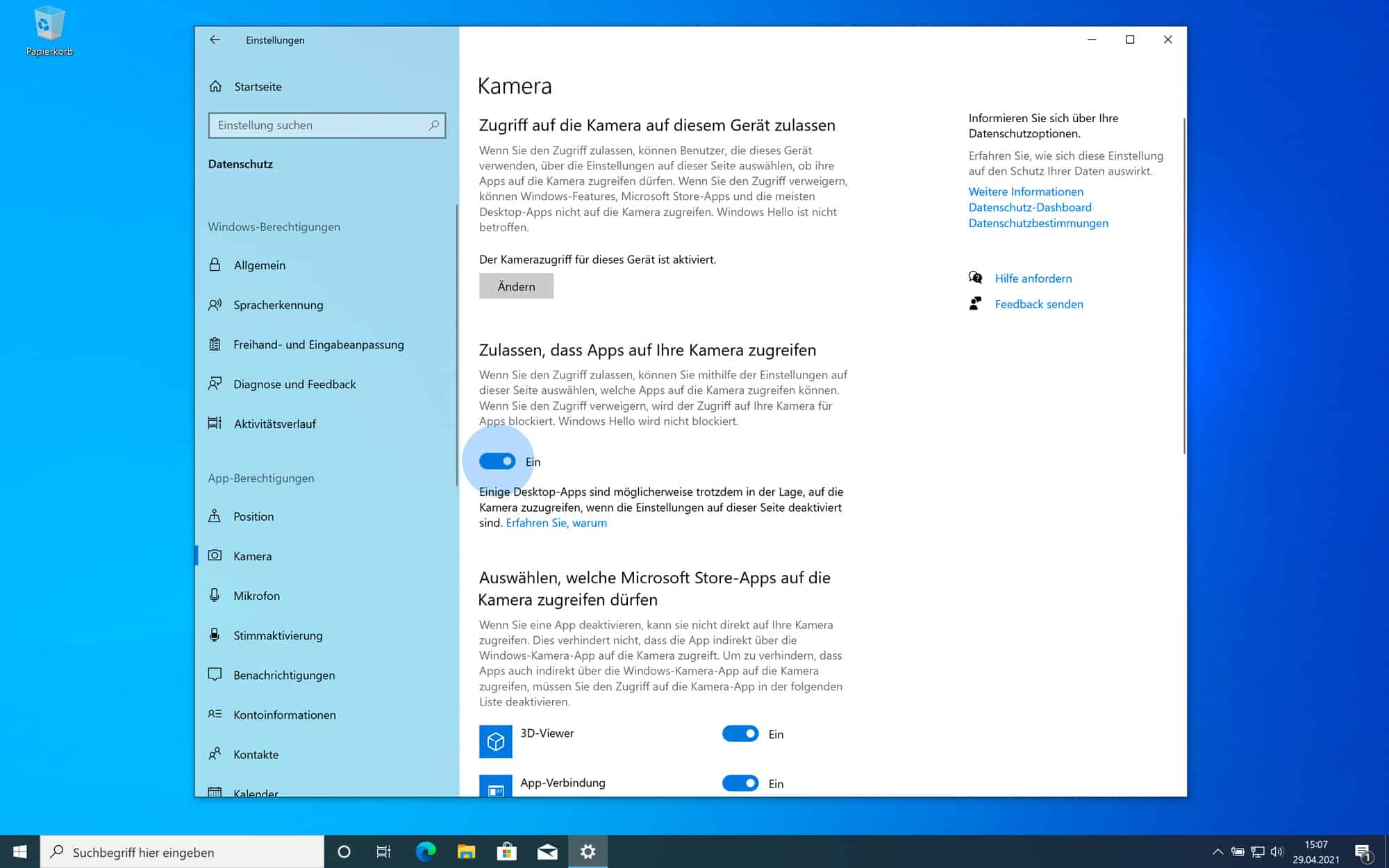 Windows 10 Kamera aktivieren