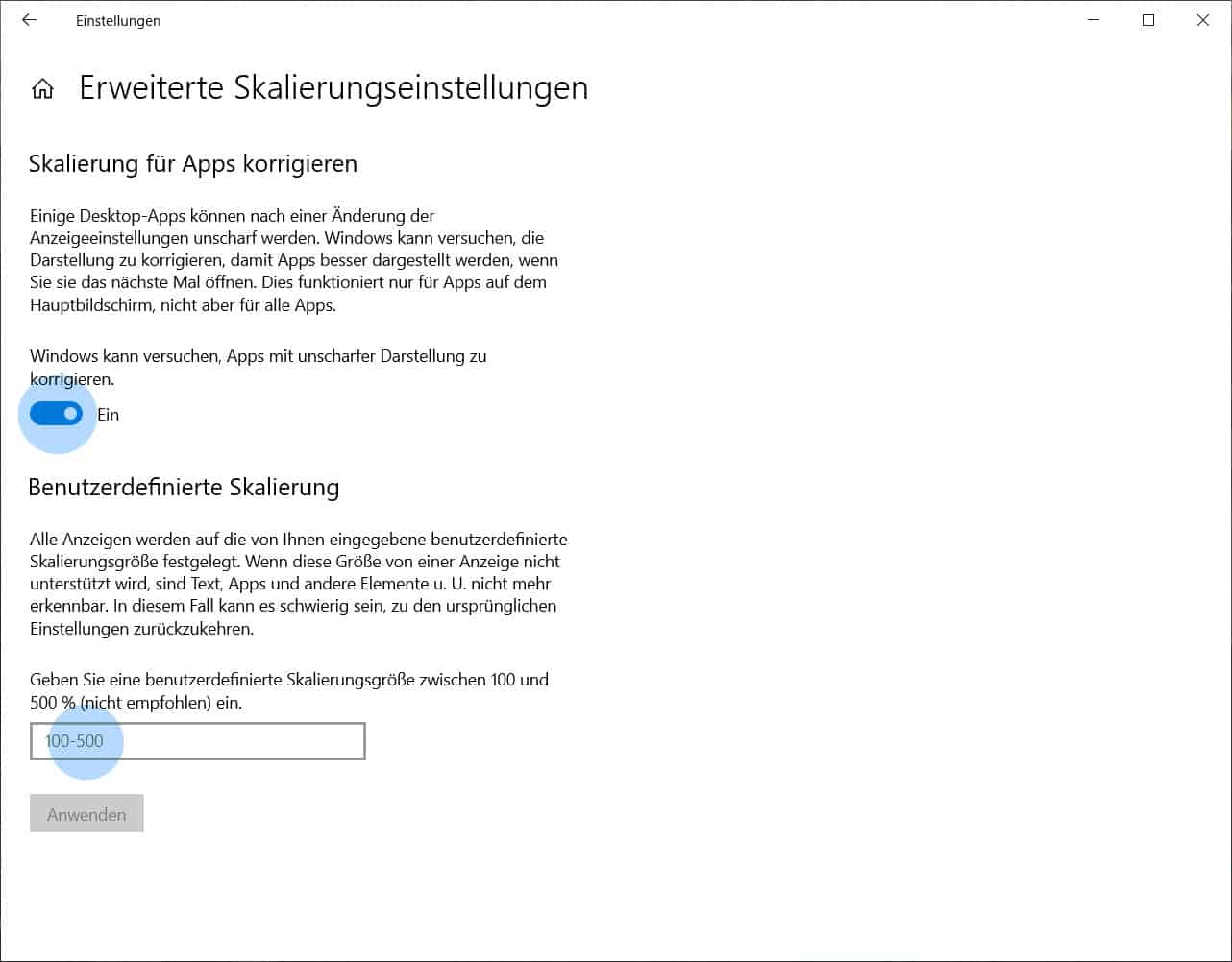 Benutzerdefinierte Skalierung ändern wenn Schrift unscharf