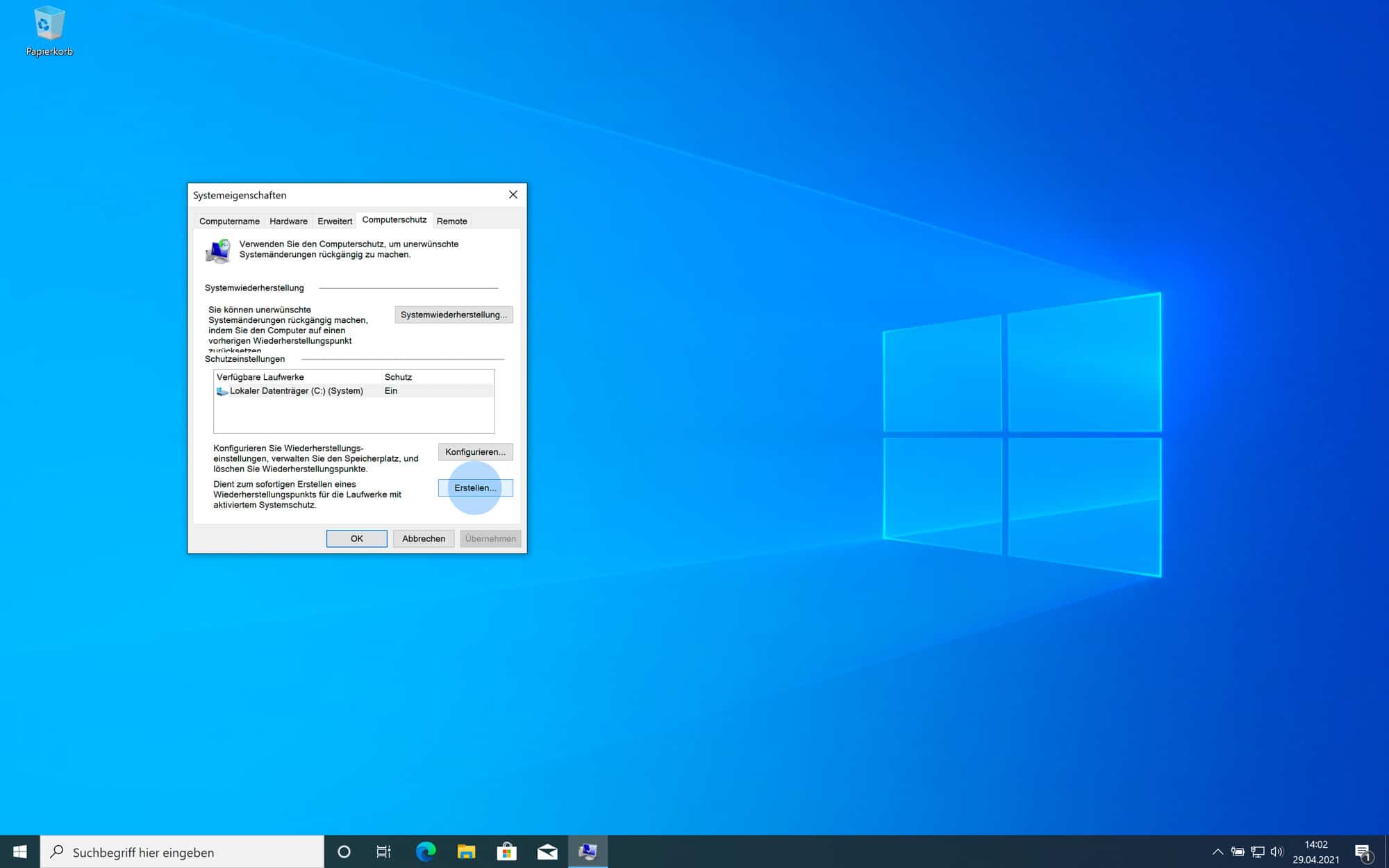 Windows 10 Wiederherstellungspunkt erstellen