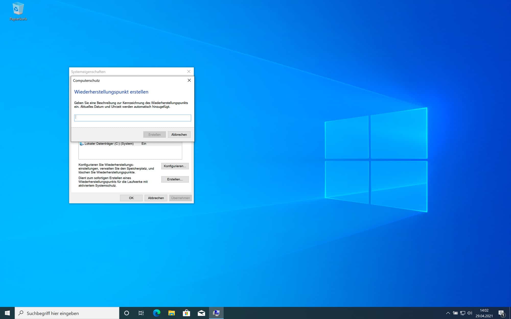 Windows 10 Wiederherstellungspunkt Namen vergeben