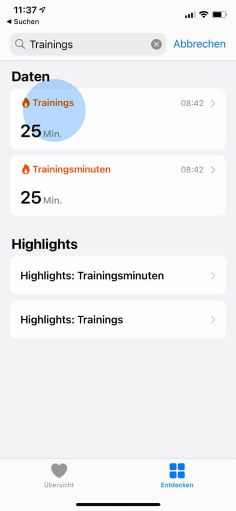 In der Health App Trainings auswählen