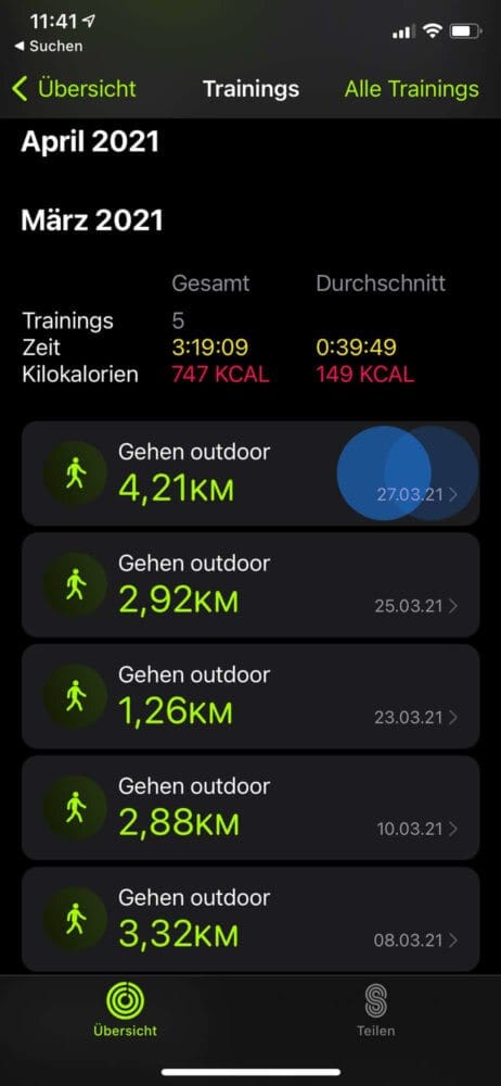 Training nach links wischen