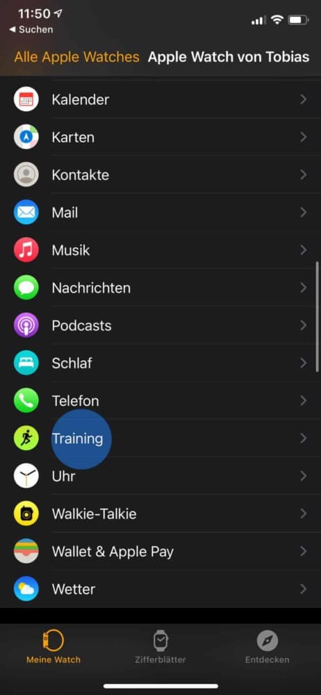 Apple Watch Training in den Einstellungen wählen