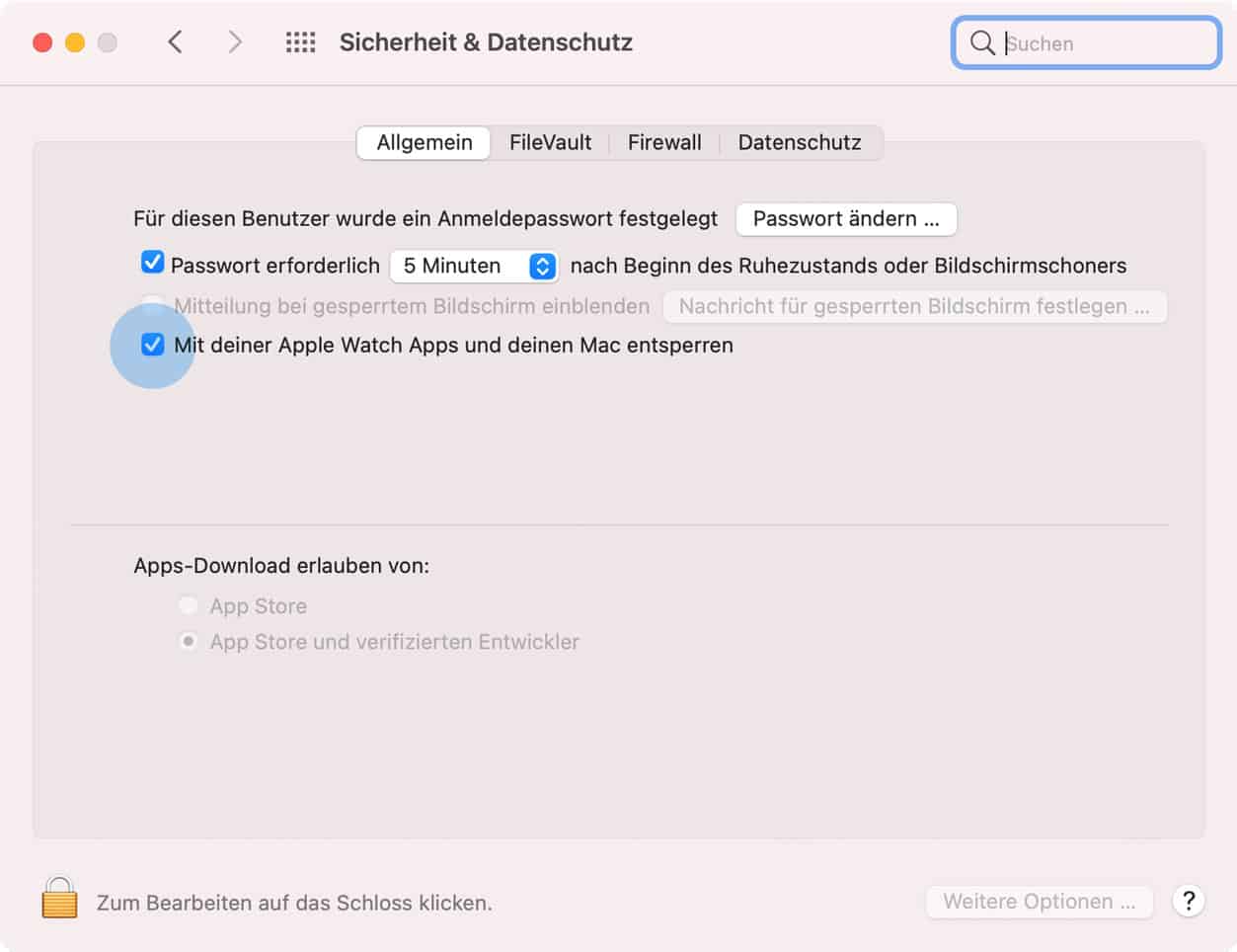Mac mit Apple Watch entsperren aktivieren