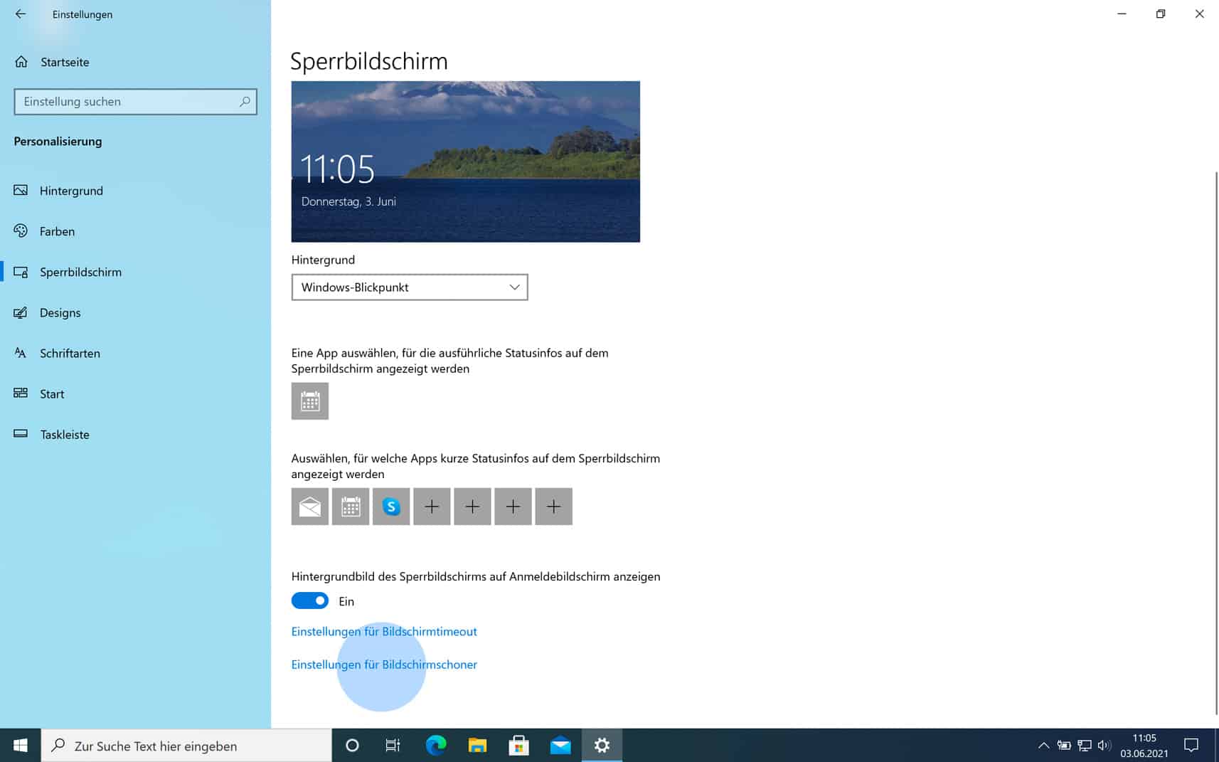 Dialog für Windows 10 Bildschirmschoner öffnen