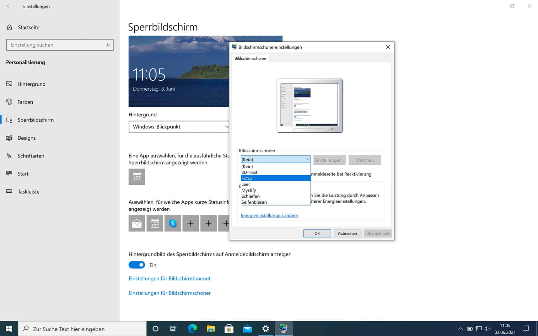 Windows 10 Bildschirmschoner aussuchen