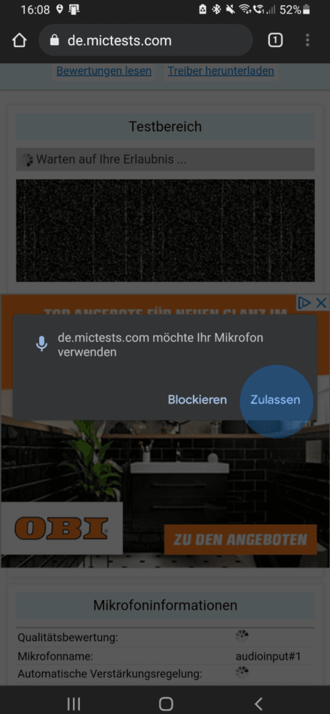 Am Smartphone Mic. unter Chrome zulassen