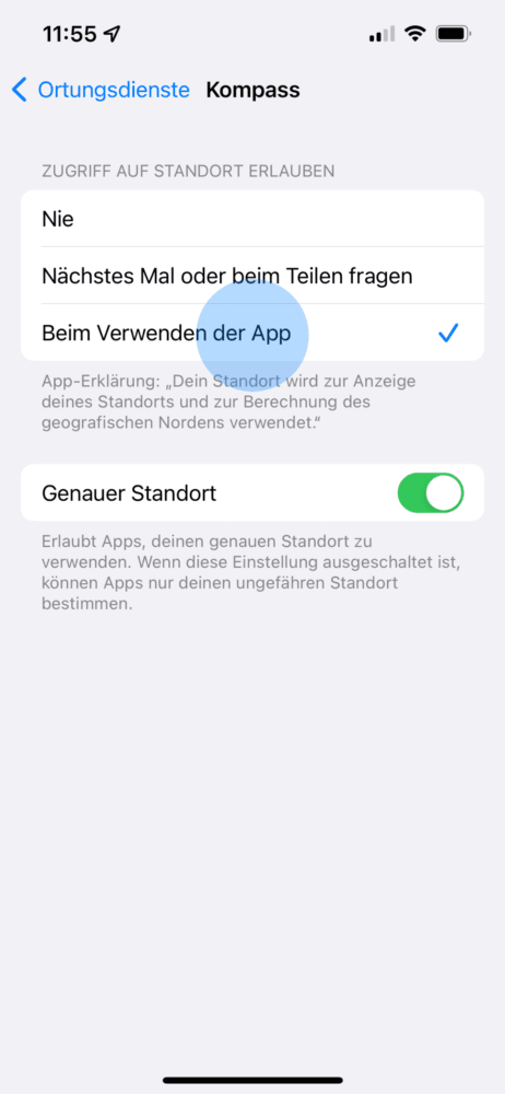 Ortungsdienst für die Kompass App einstellen