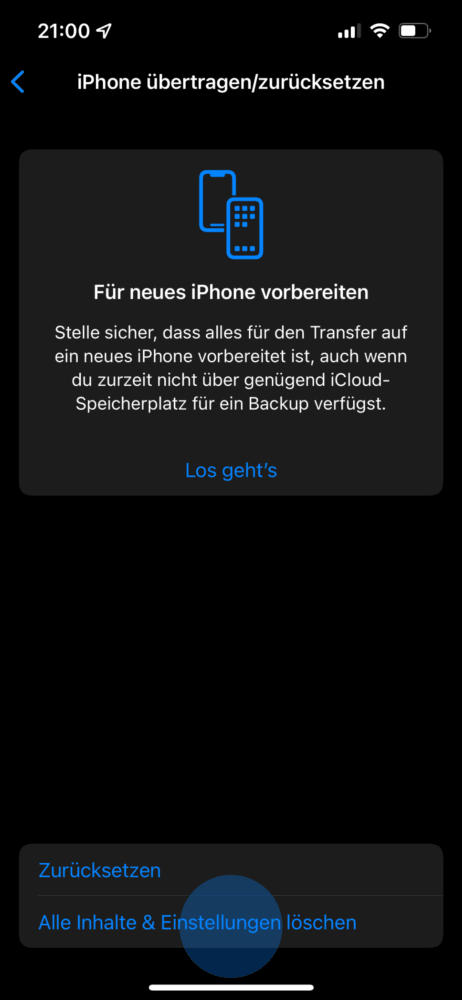 Alle Einstellungen und Inhalte löschen