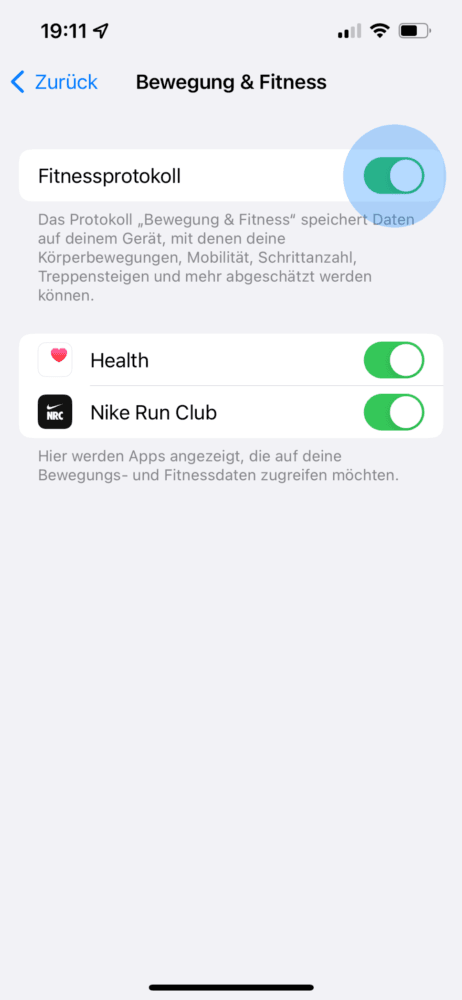 Schrittzähler am iPhone durch Fitnessprotokoll aktivieren