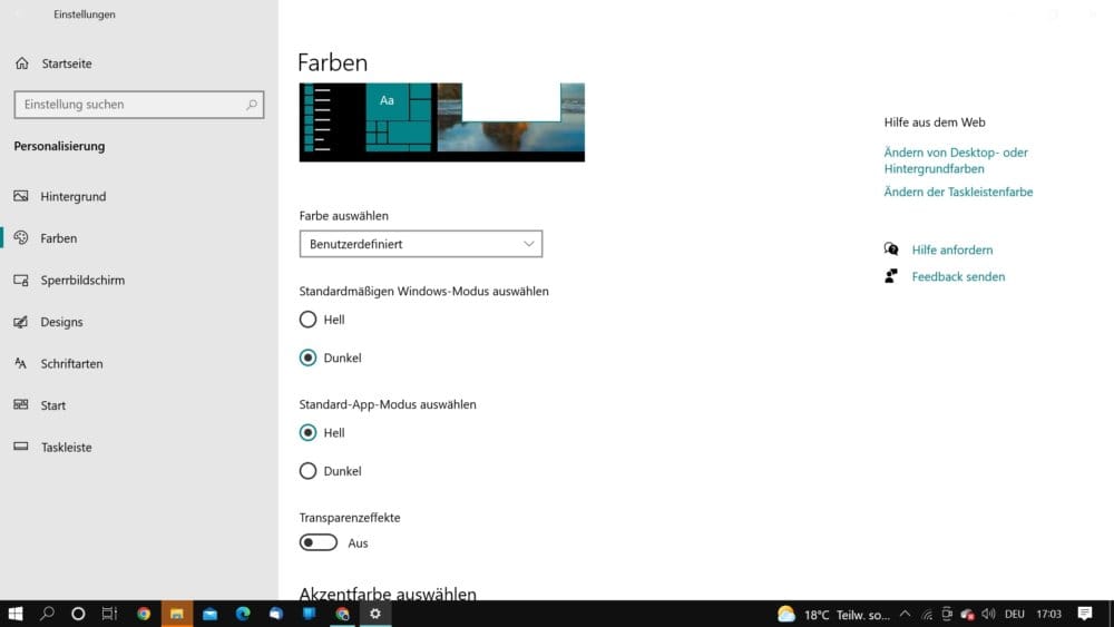 Windows Taskleiste Farbe ändern über die Einstellungen