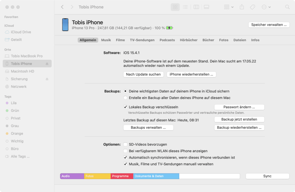 Anrufliste iPhone am Mac wiederherstellen