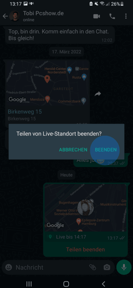Ort senden rückgängig machen
