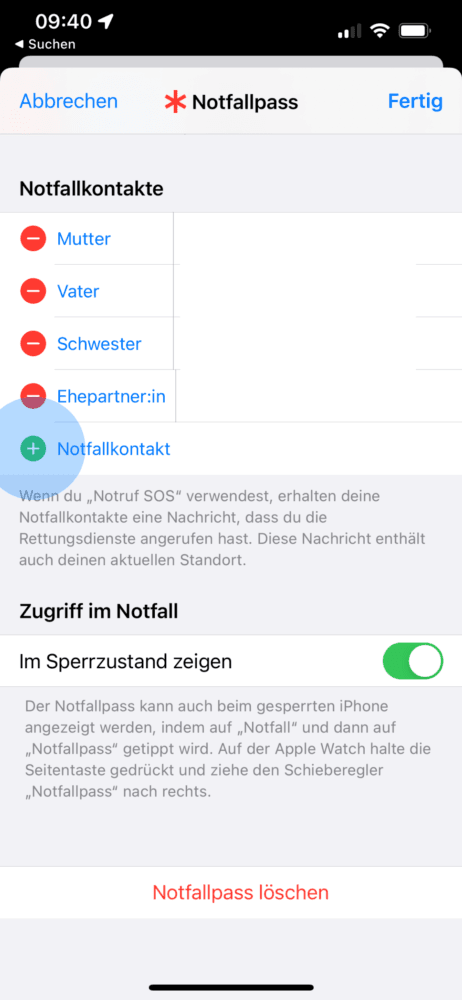 Notfallkontakt hinzufügen