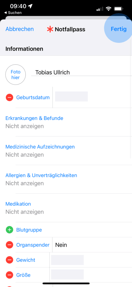 Notfall Dokument konfigurieren