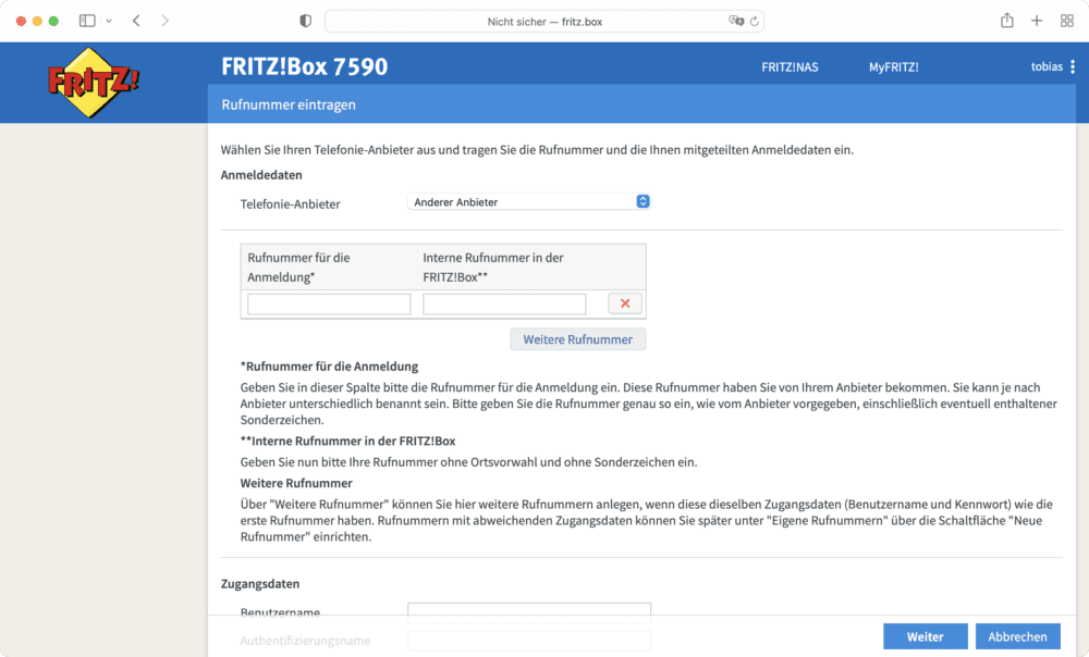 Rufnummer ändern wenn Fritzbox leuchtet Rot zu info