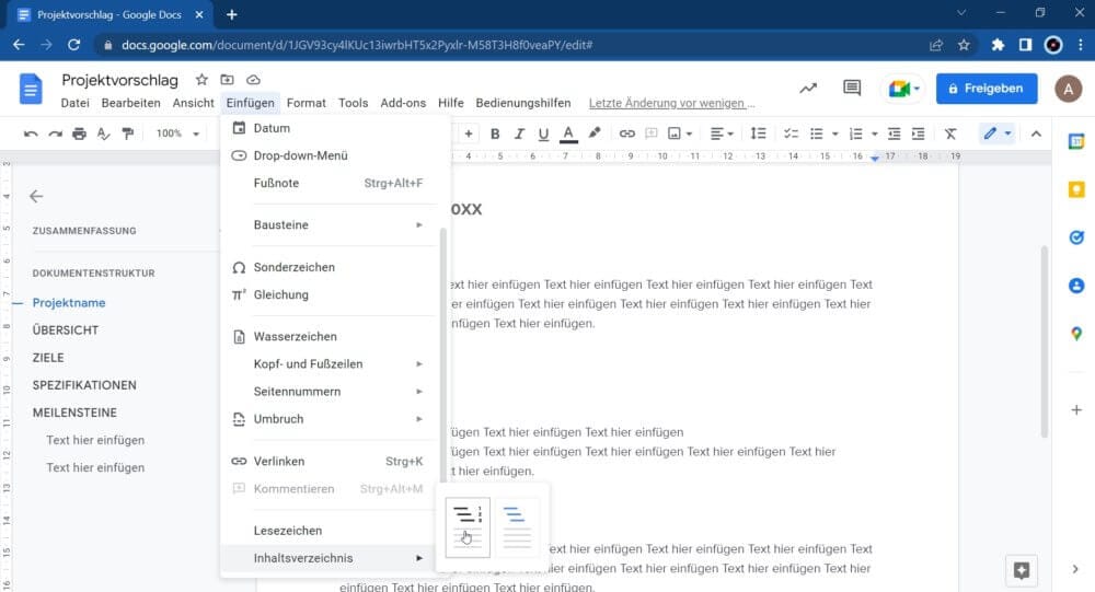 Inhaltsverzeichnis bei Google Docs erstellen für Gliederung