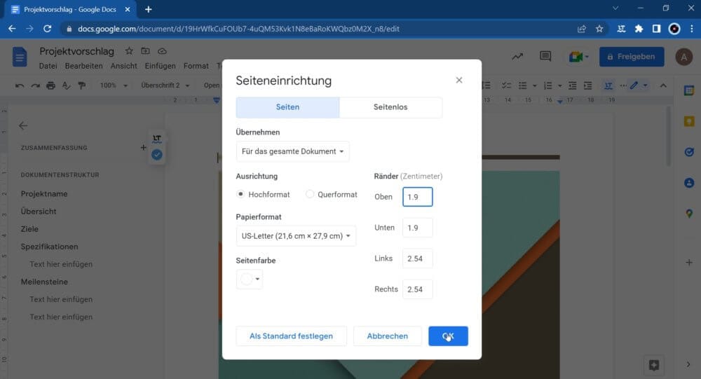 Per Seiteneinrichtung Rand einstellen bei Google Docs