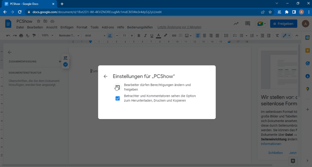 Google Docs zusammenarbeiten und Freigabe Einstellungen ändern