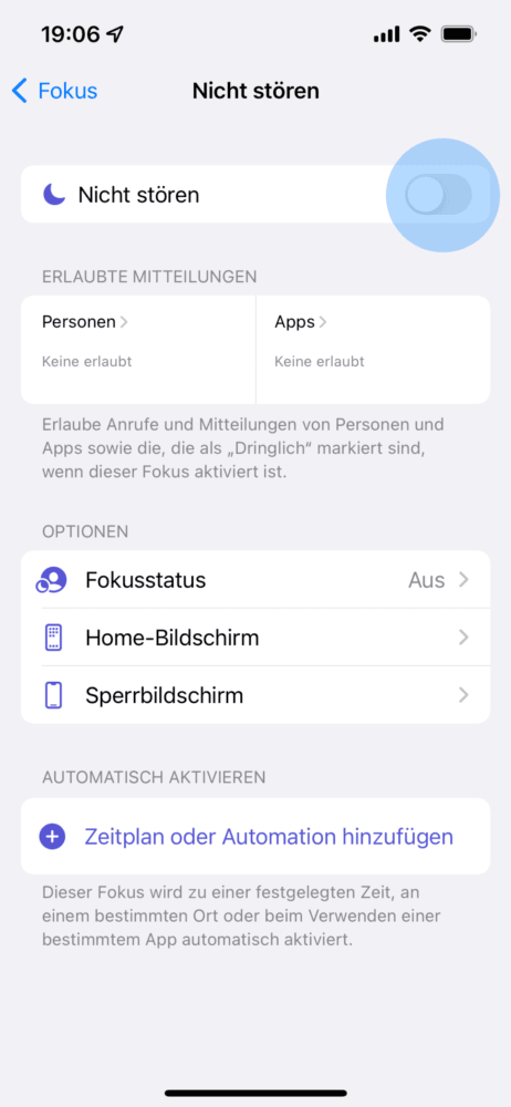 Nicht stören in den Einstellungen einschalten