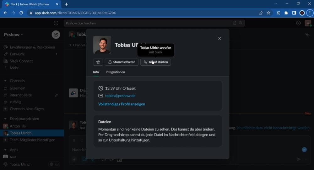 Mit Slack Videoanruf starten an einzelne Person