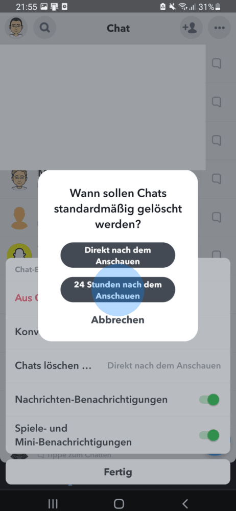 Direkt nach dem Anschauen Chat löschen