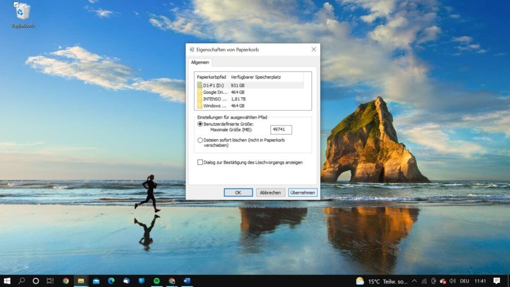 Windows 10 löschen bestätigen über Papierkorb Eigenschaften