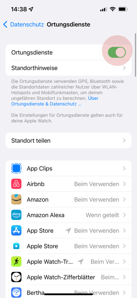 Aktiviere die Ortungsdienste in den Einstellungen auf dem iPhone